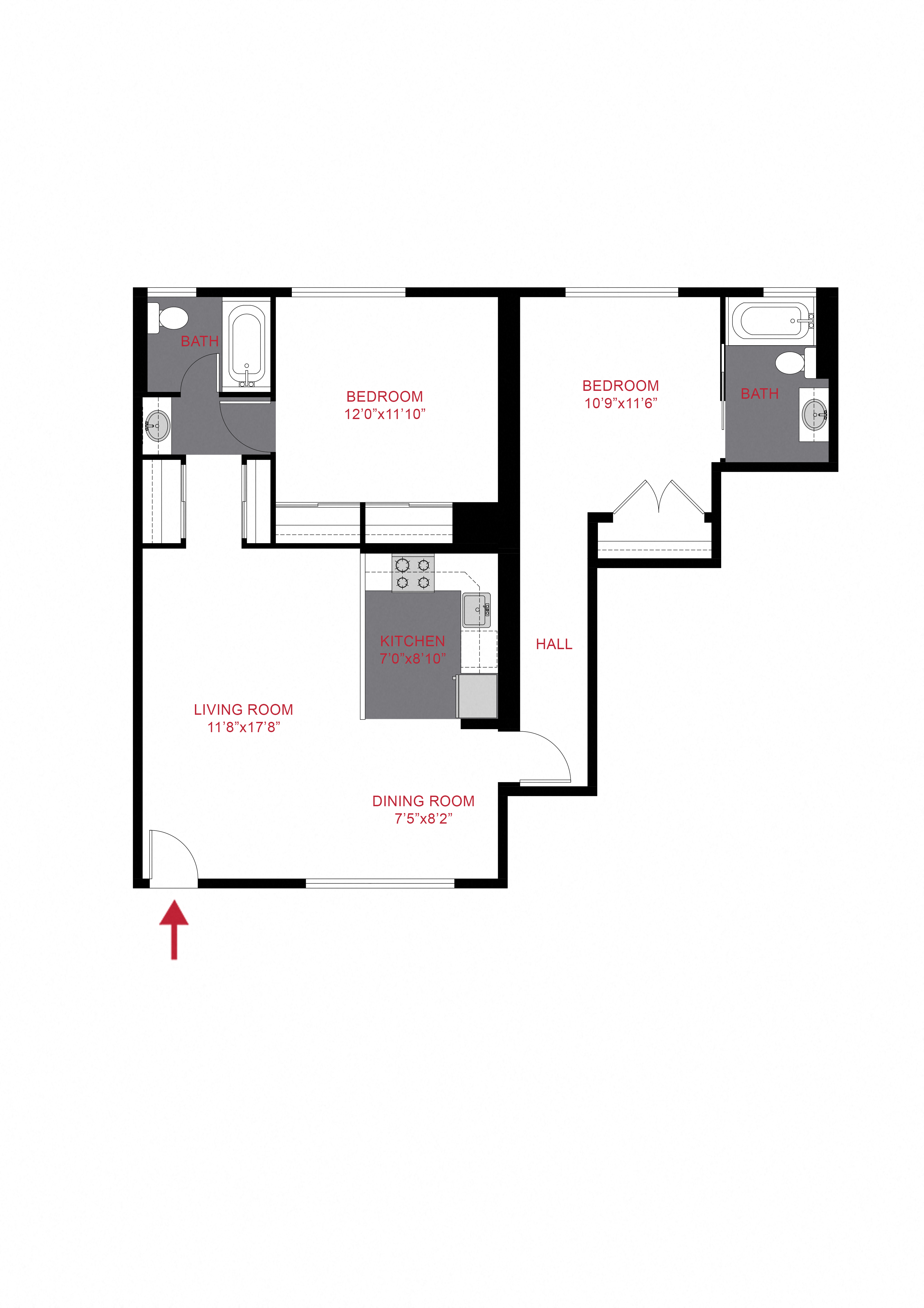 Floor plan for 2 beds, 2 baths, 800 sqft